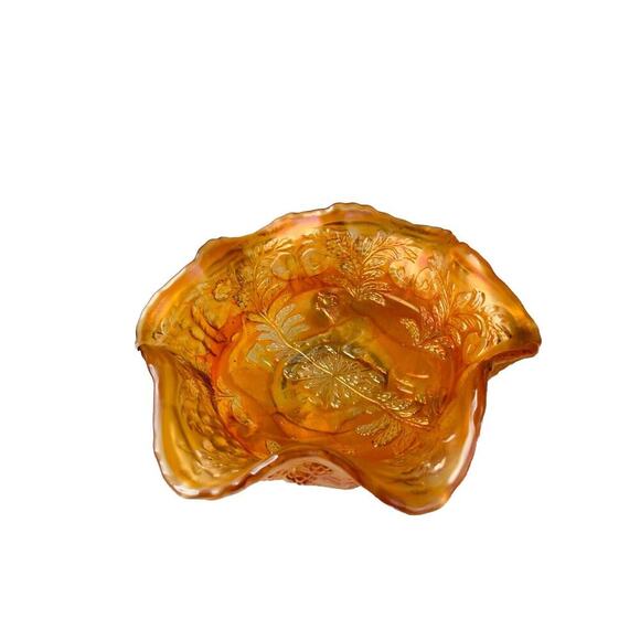Antique Carnival Glass Fenton Panthers Marigold Ruffled Berry Bowl 1914 3-Footed - Picture 2 of 15